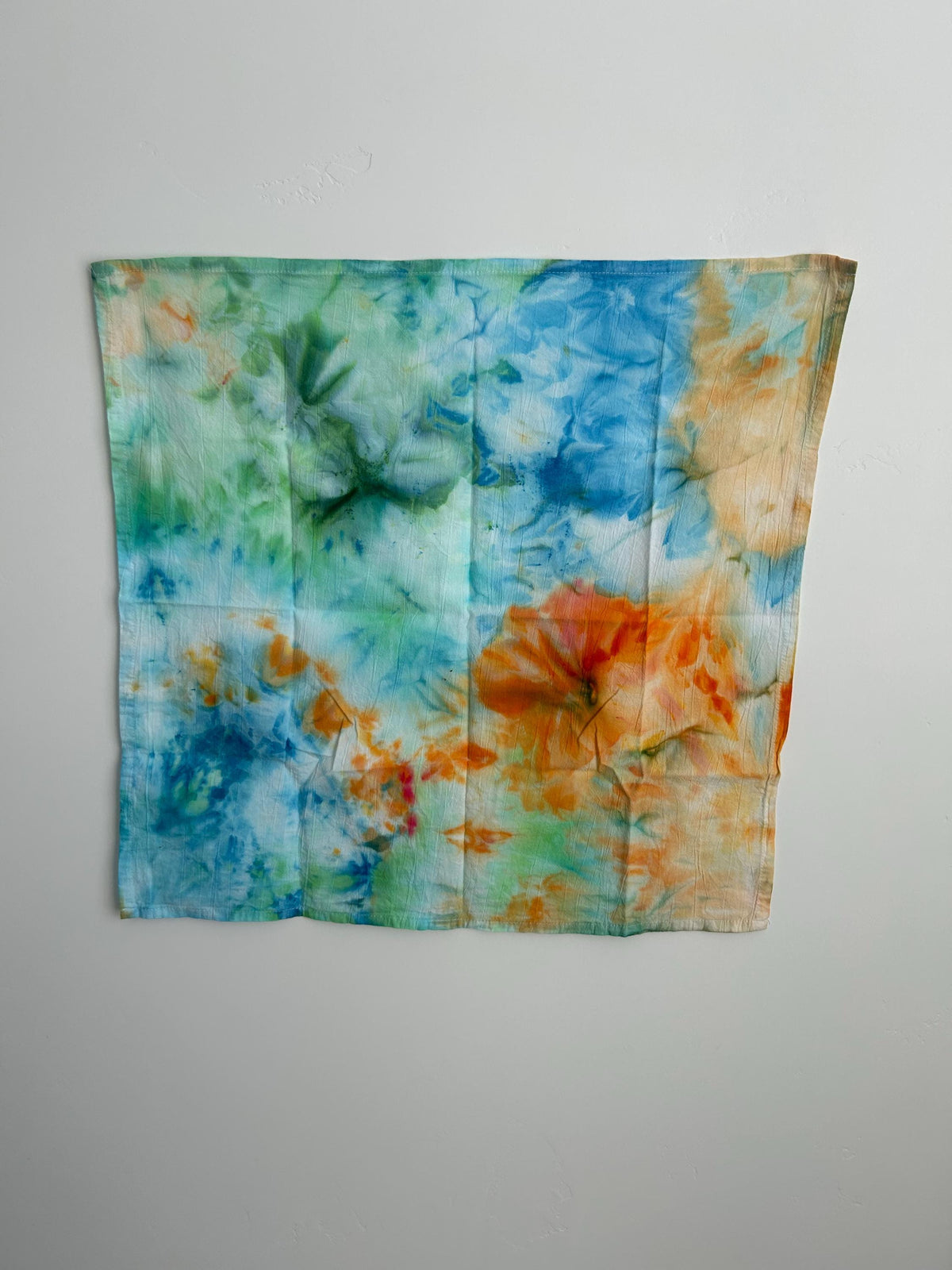 Hand Dyed Tea Towel - Orange, Green and Blue Ice Dye