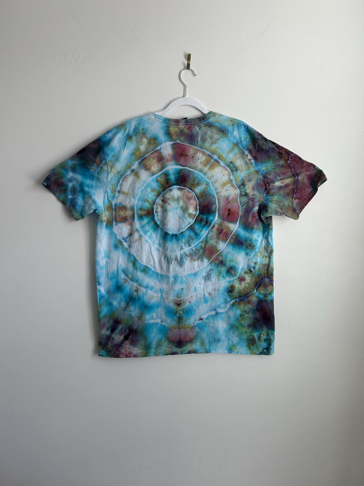 Bullseye Tie Dye Shirt – Anvil XL Unisex Ice Dyed Cotton Tee in Blue, Teal & Plum, Handmade Boho Spiral T-Shirt