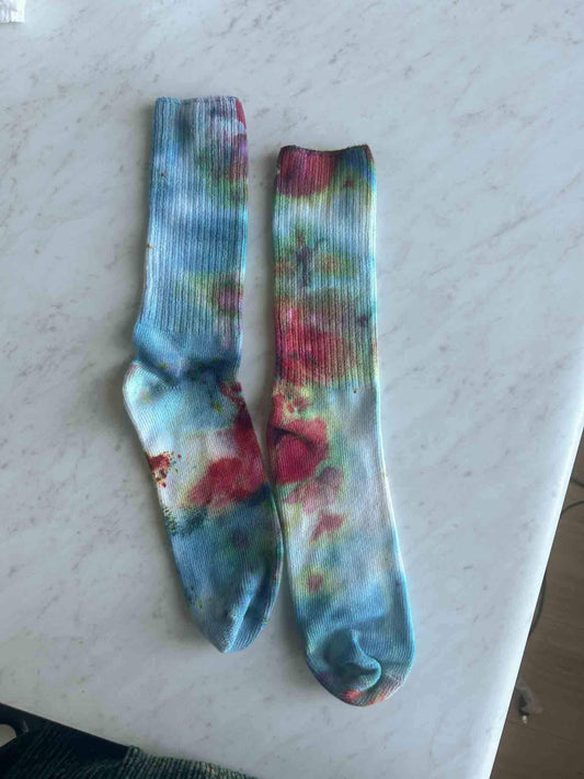 Bamboo Tie Dye Socks – Blue Red Ice Dye Crew – Adult 9–11 __etsy:7546543215