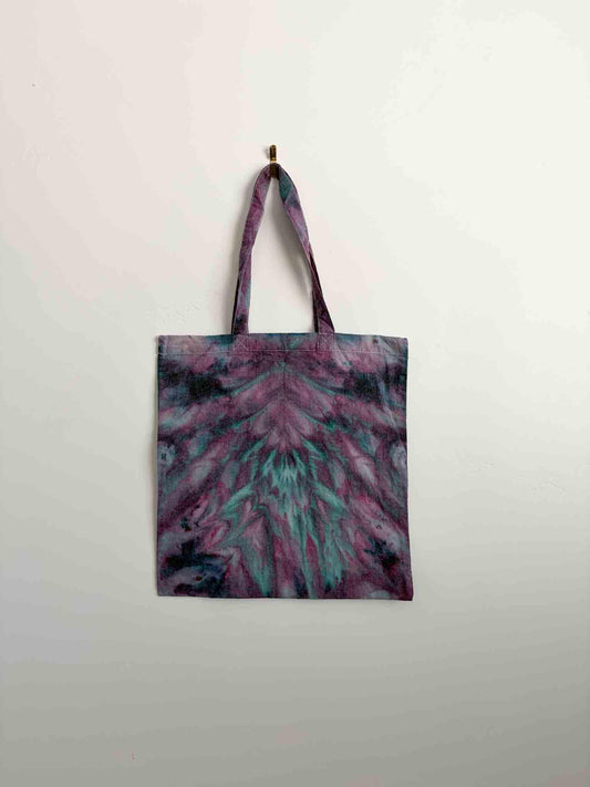 Magenta and teal ice dye roll fold tote bag hanging, 100% cotton canvas with long handles __etsy:8409270173