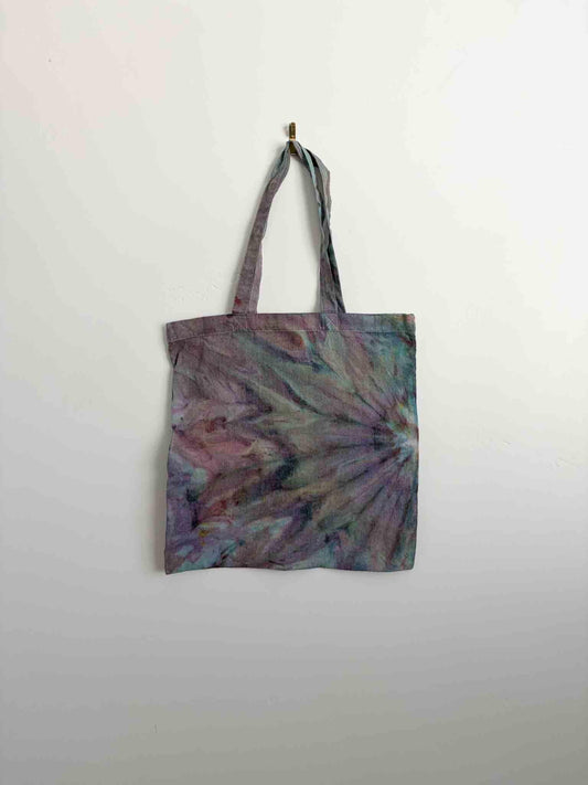Purple and sage green ice dye fan fold tote bag hanging, 100% cotton canvas with long handles __etsy:8361375204
