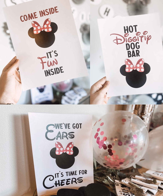 Minnie Mouse Party Printables - Welcome Sign, Hot Dog Bar, Party Favors, Mickey Ears Silhouette - Instant Download