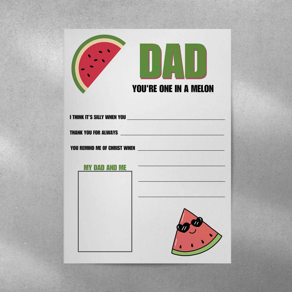 Christian Father’s Day Questionnaire - LDS Primary Printable - Jesus Inspired Activity Page - One in a Melon