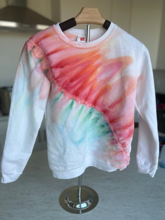 Youth Large Coral & Seafoam Tie Dye Pullover Sweater, Hand Dyed Gravity Pattern