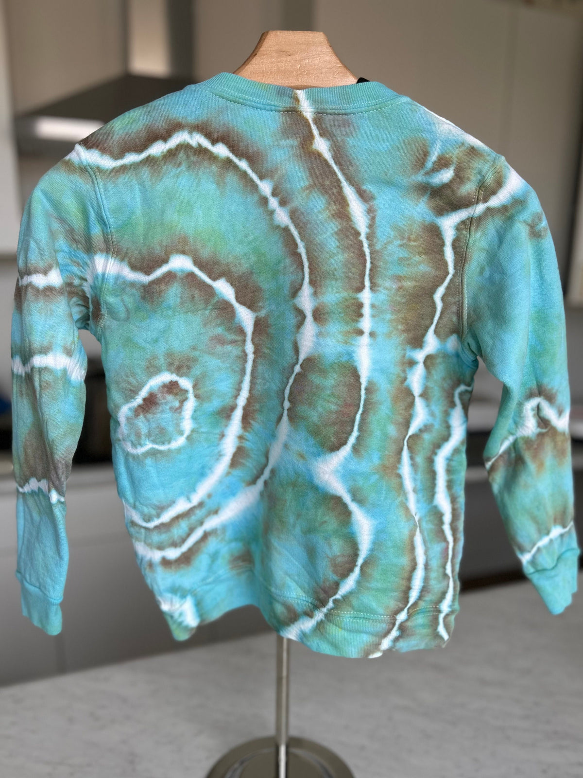 Youth Small Aqua & Tan Geode Tie Dye Pullover, Hand Dyed Cozy Sweater