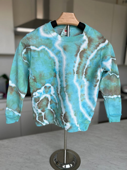 Youth Small Aqua & Tan Geode Tie Dye Pullover, Hand Dyed Cozy Sweater