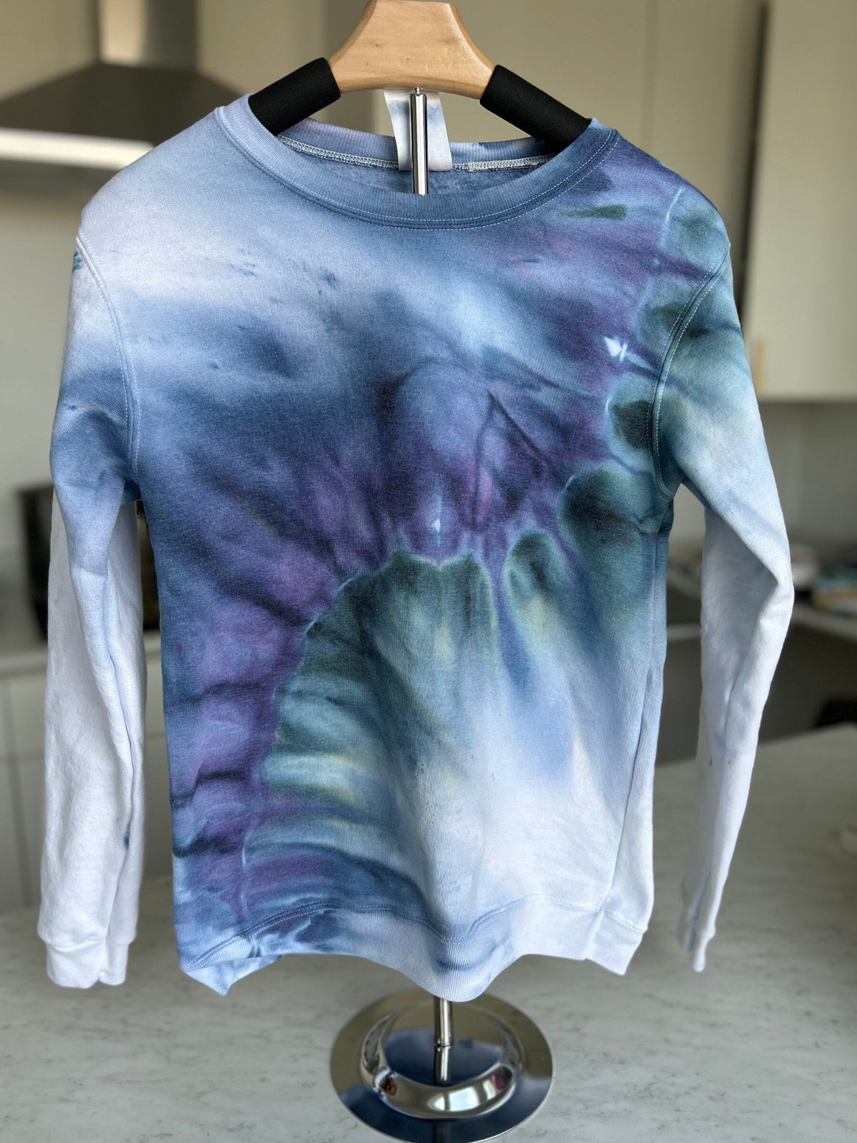 Youth XL Teal & Purple Tie Dye Pullover Sweater, Hand Dyed Gravity Style