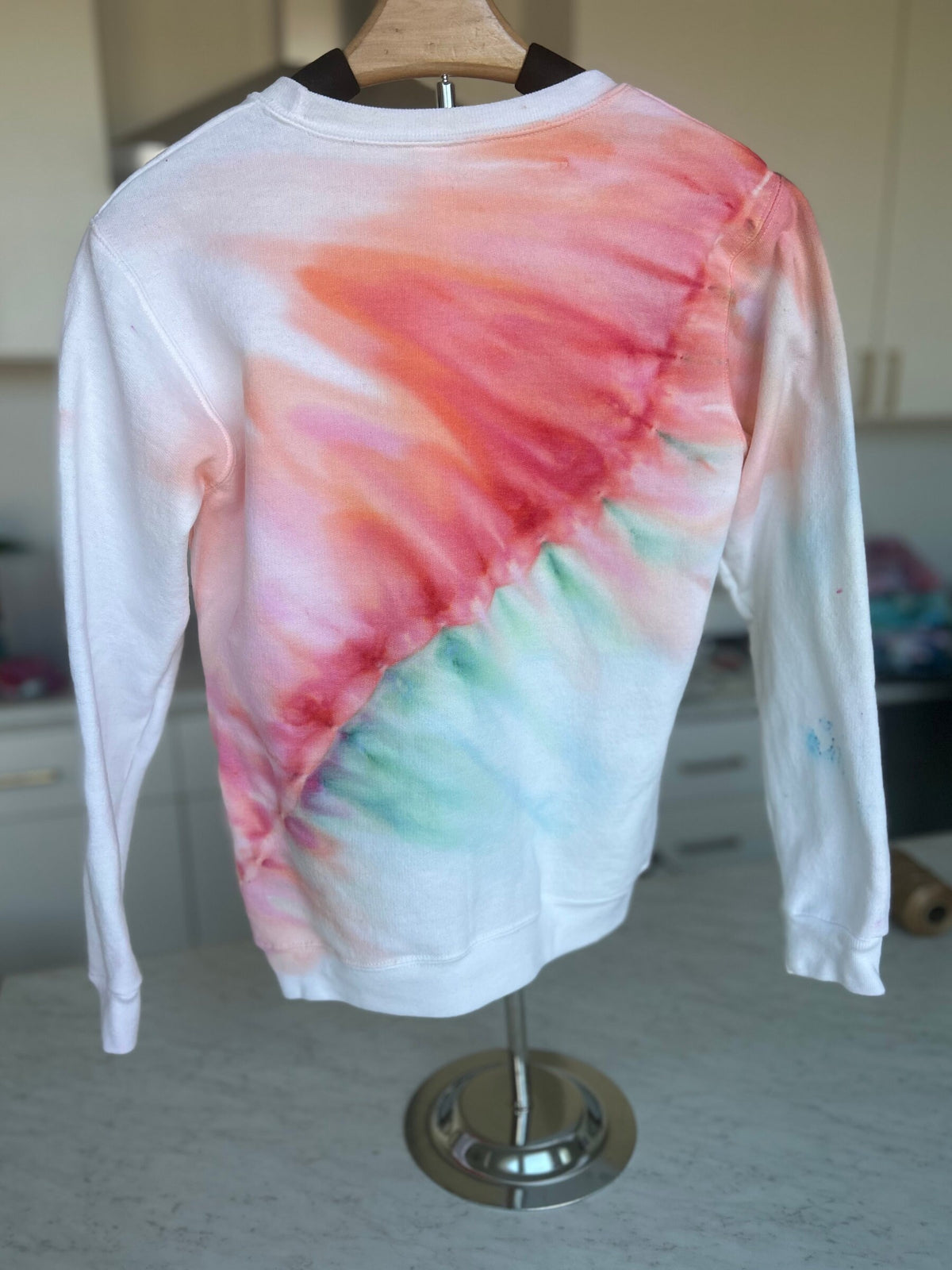 Youth Large Coral & Seafoam Tie Dye Pullover Sweater, Hand Dyed Gravity Pattern