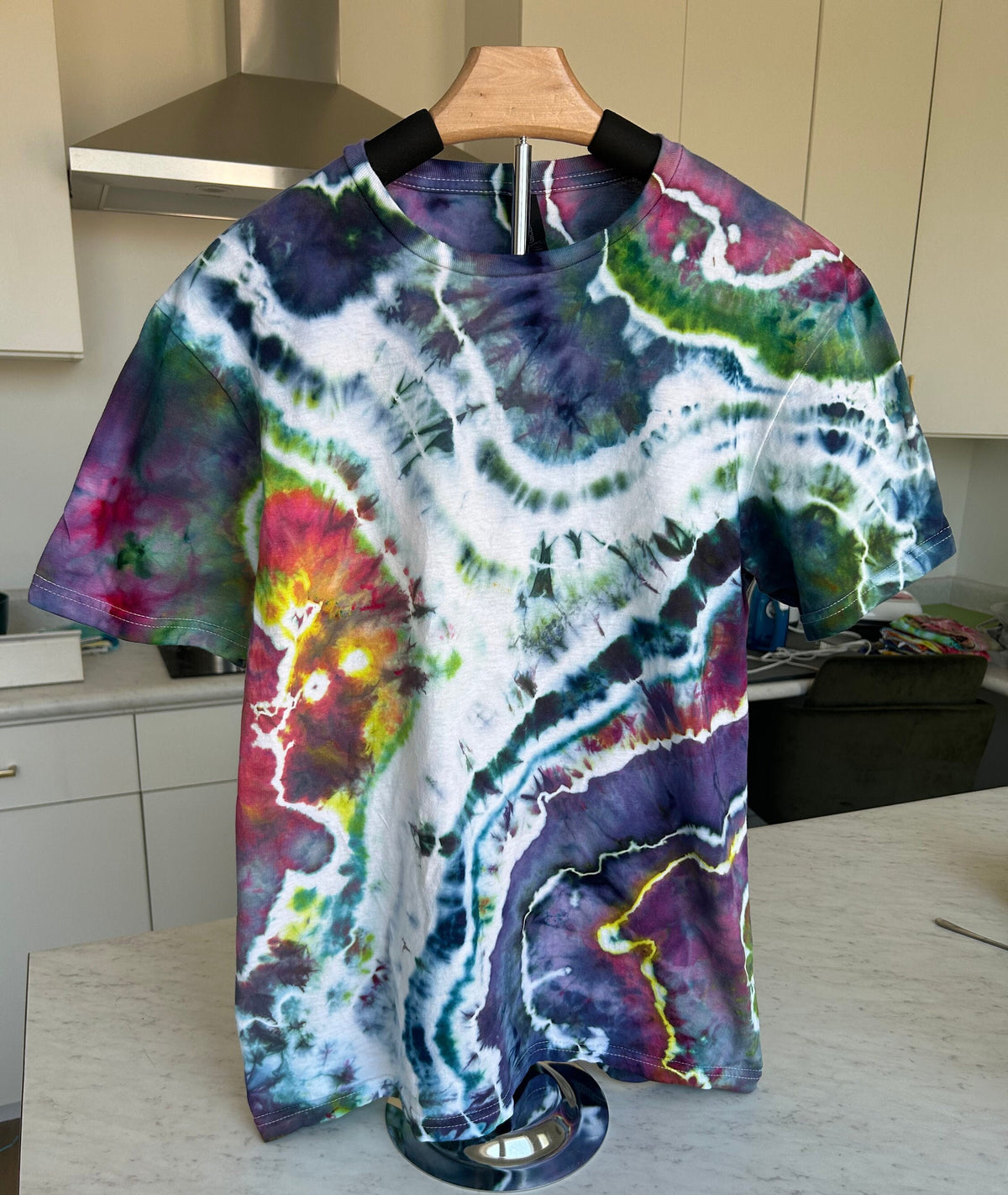Adult Medium Hand Dyed Tie Dye T-Shirt – Lime, Hibiscus & Deep Space Geode, 100% Cotton