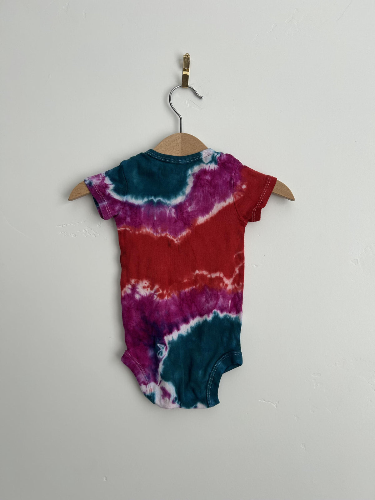 3-6 Month Hand Dyed Baby Onesie - Teal, Magenta and Red Tie Dye