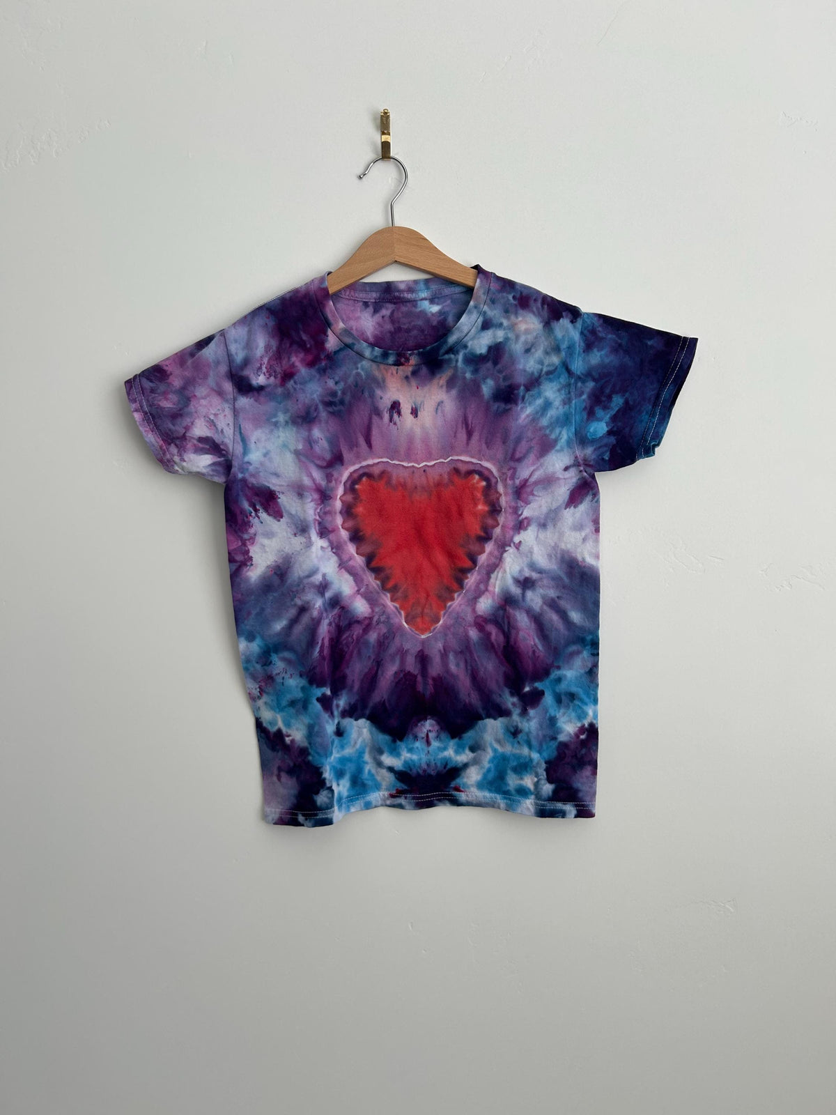 Youth Medium Heart Tie Dye Shirt - Blue & Purple Hand Dyed Unisex Tee