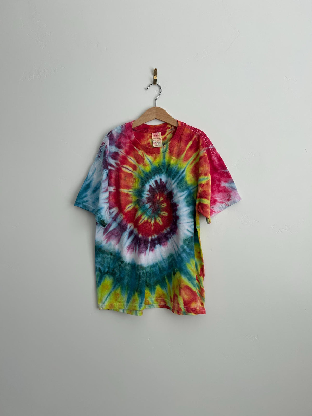 Youth Large Rainbow Spiral Tie Dye Shirt - Hand Dyed Hanes Tee - Unique Unisex Top