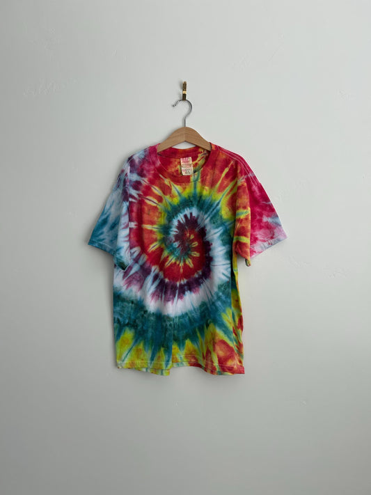 Youth Large Rainbow Spiral Tie Dye Shirt - Hand Dyed Hanes Tee - Unique Unisex Top
