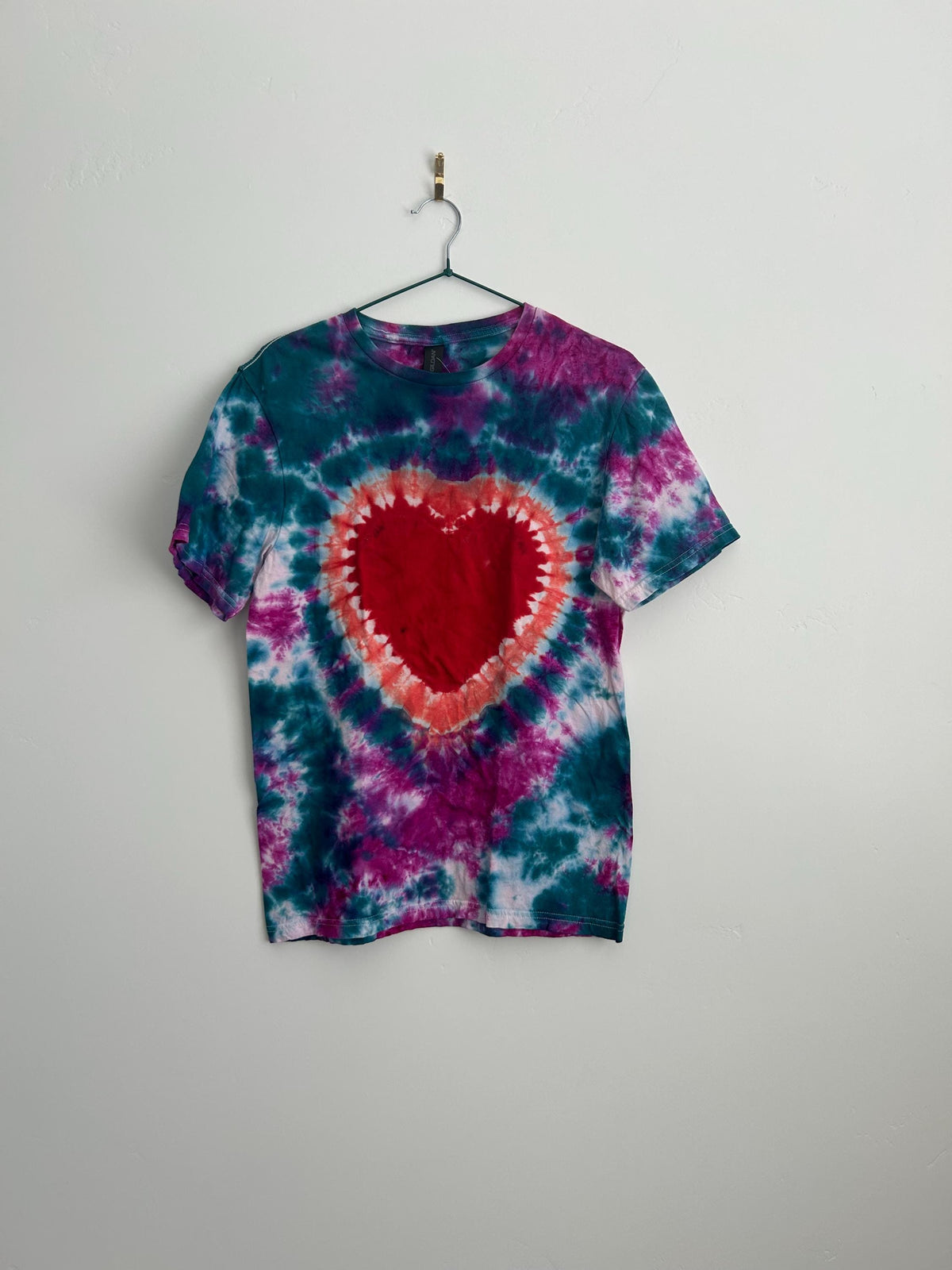 Adult Small Purple Teal & Red Heart Tie Dye Shirt - Hand Dyed Cotton