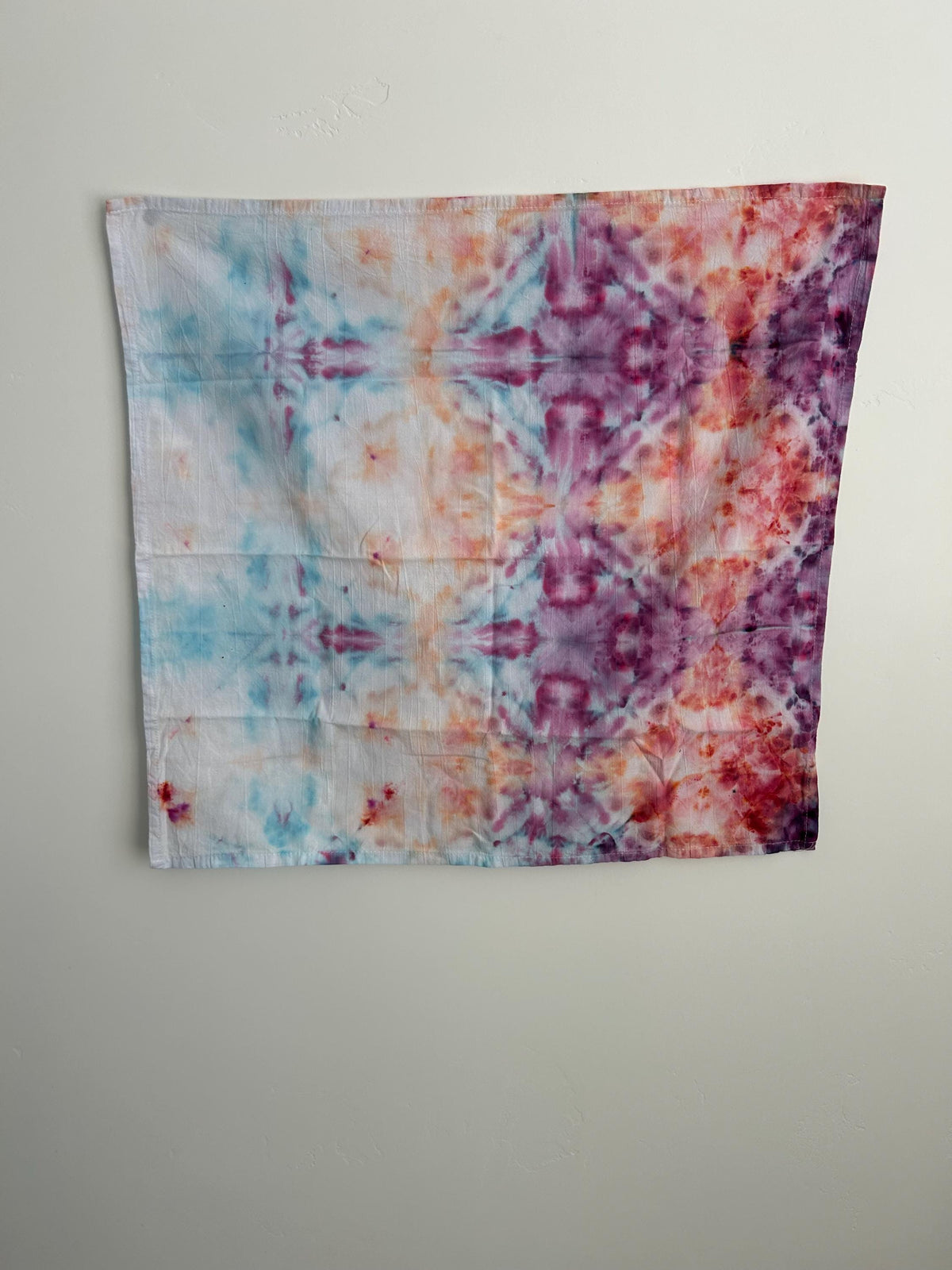 Coral, Purple & Blue Shibori Ice Dyed Tea Towel – Hand Dyed 100% Cotton 28"x28"