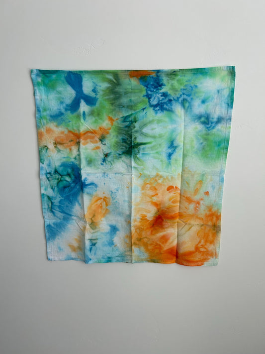 Hand Dyed Tea Towel - Orange, Green and Blue Ice Dye