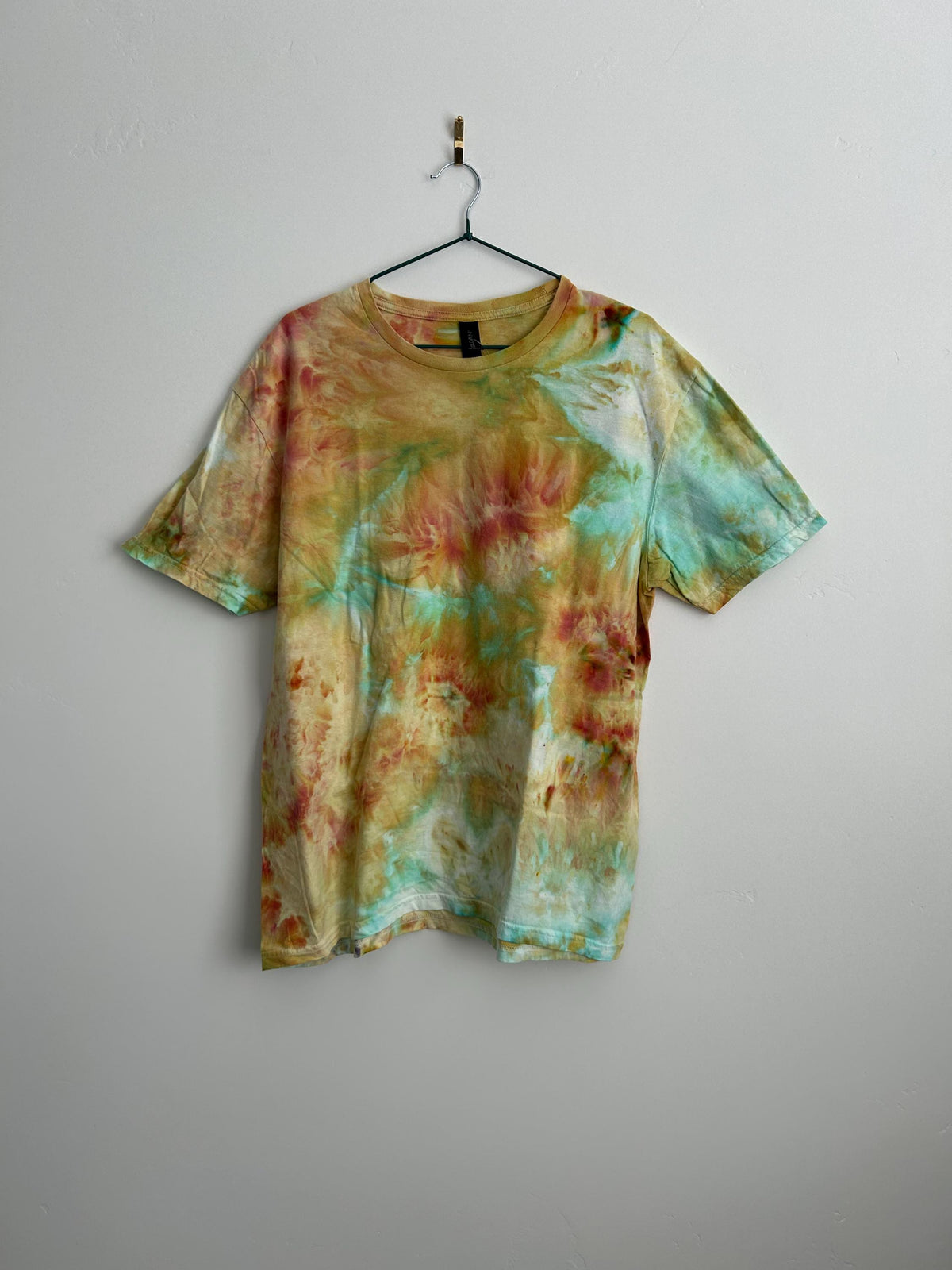Adult Large Orange & Teal Tie Dye Shirt – Hand Dyed Flow Pattern, 100% Cotton, One-of-a-Kind Ice Dye Tee