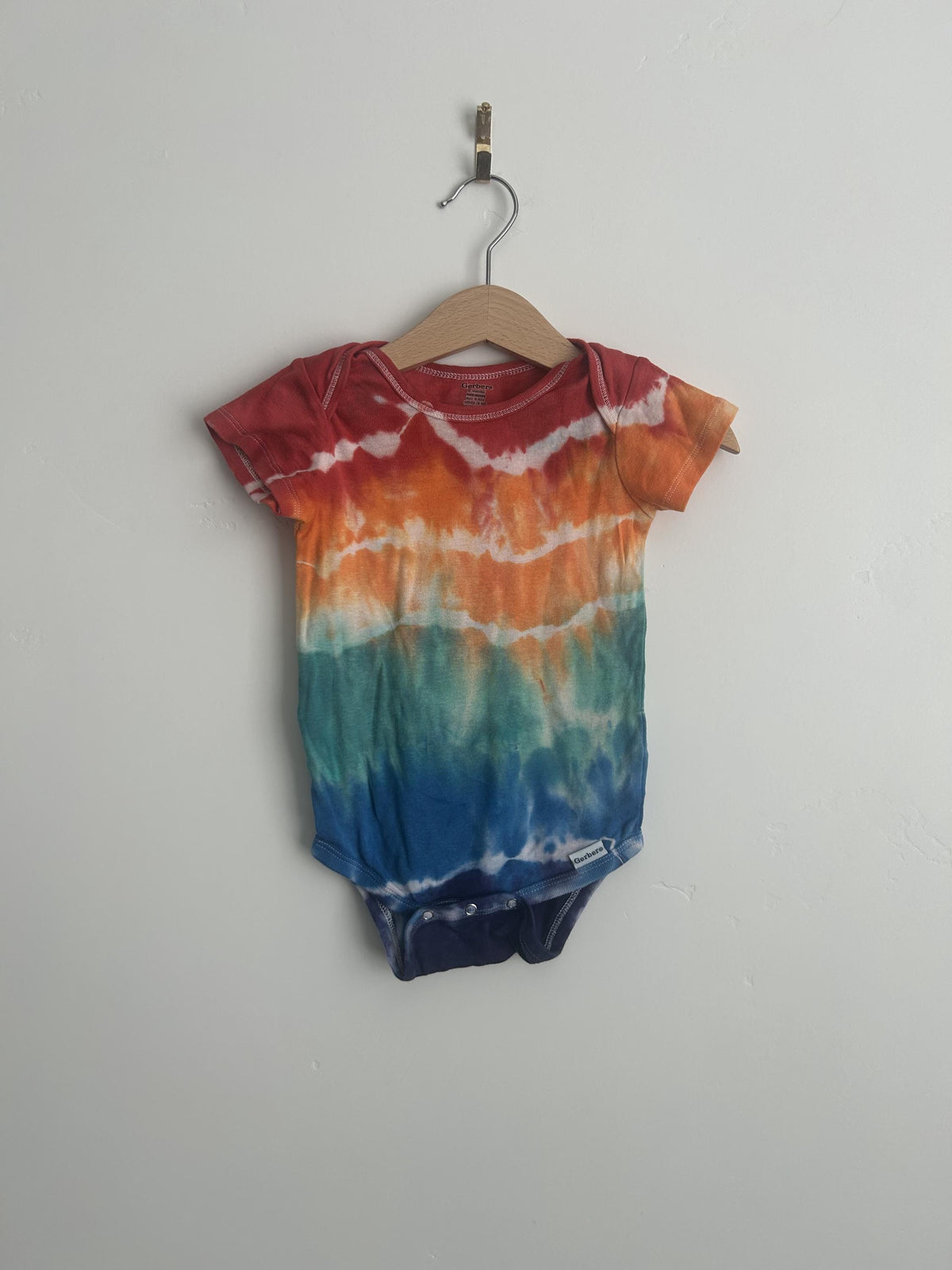 12M Hand Dyed Baby Onesie - Rainbow Stripe Tie Dye Bodysuit, Gerber Cotton
