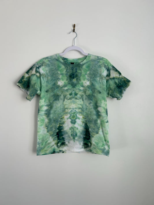 Hand Dyed Tie Dye Shirt – Green Mirror Scrunch Fold, Adult Small Unisex Tee, Festival Wear, Unique Gift