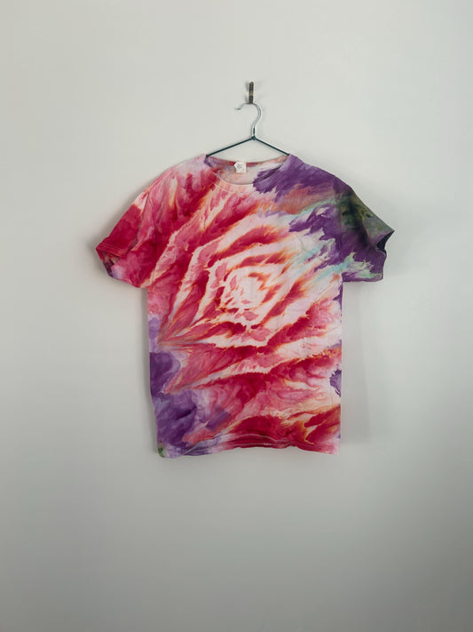 Medium Pink & Purple Ice Dye Shirt – Unisex Floral Burst Tie Dye | Hand Dyed One-of-a-Kind Cotton Tee | Size M