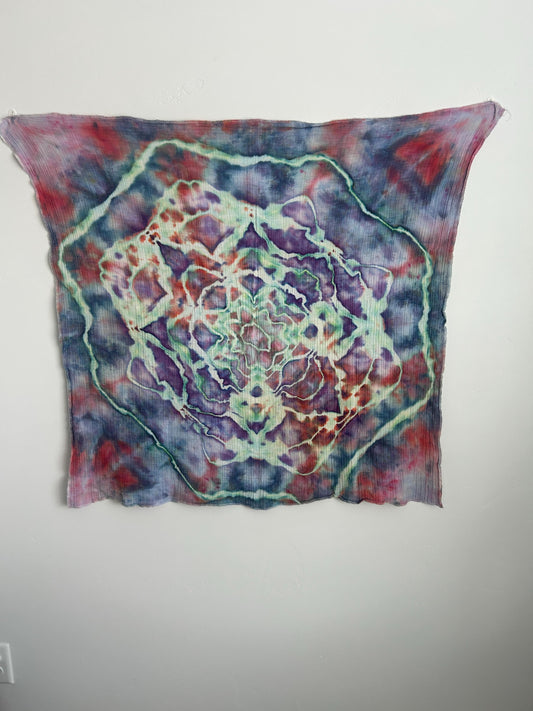 Hand Dyed Cotton Gauze Swaddle – Mandala Ice Dye | 38"x38" Rainbow Baby Blanket | Boho Burp Cloth, Wrap, or Wall Art