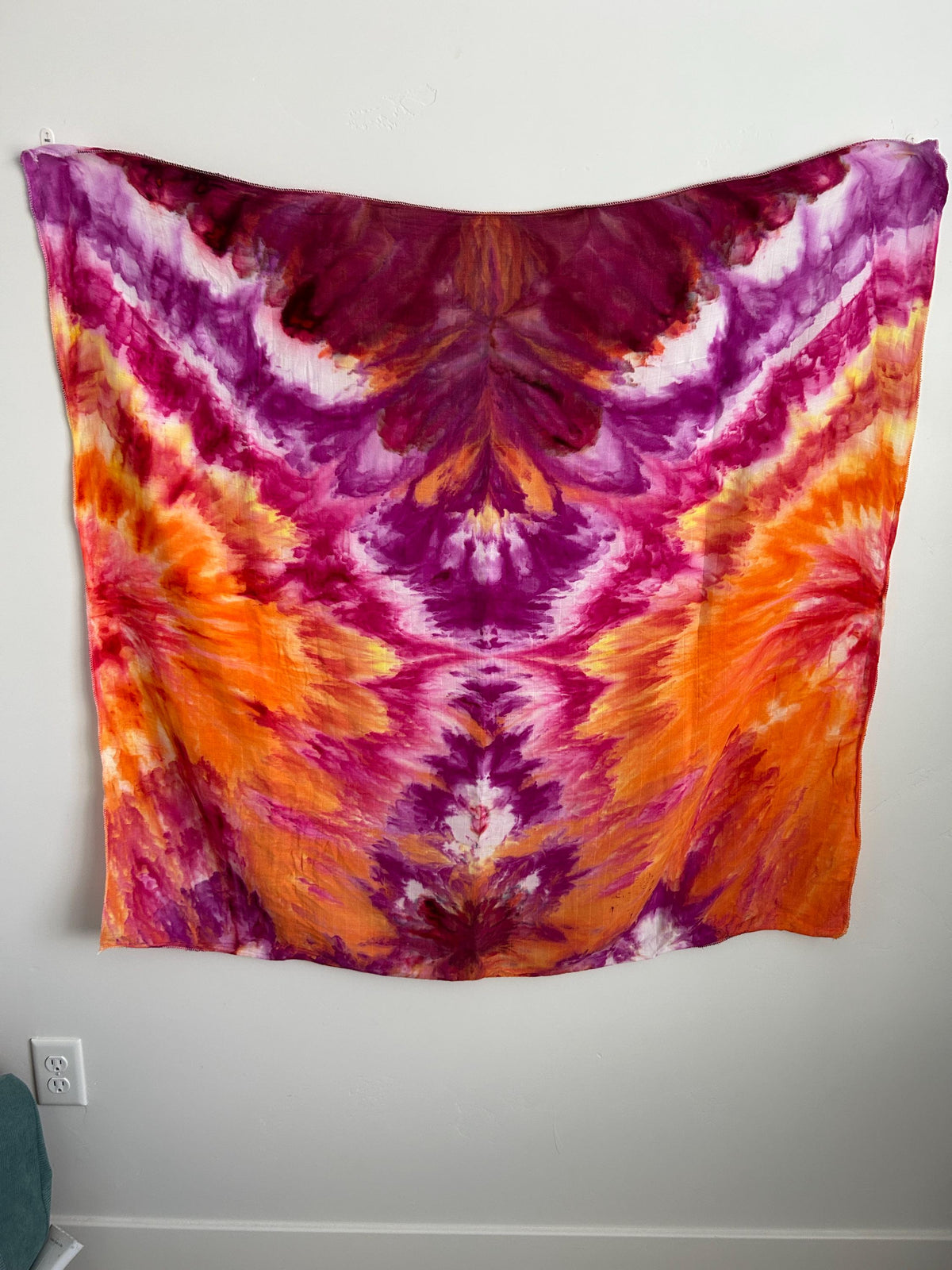 Hand Dyed Bamboo Swaddle – 44"x44" Mandala Tie Dye in Orange, Pink & Plum | Boho Baby Blanket or Wall Tapestry