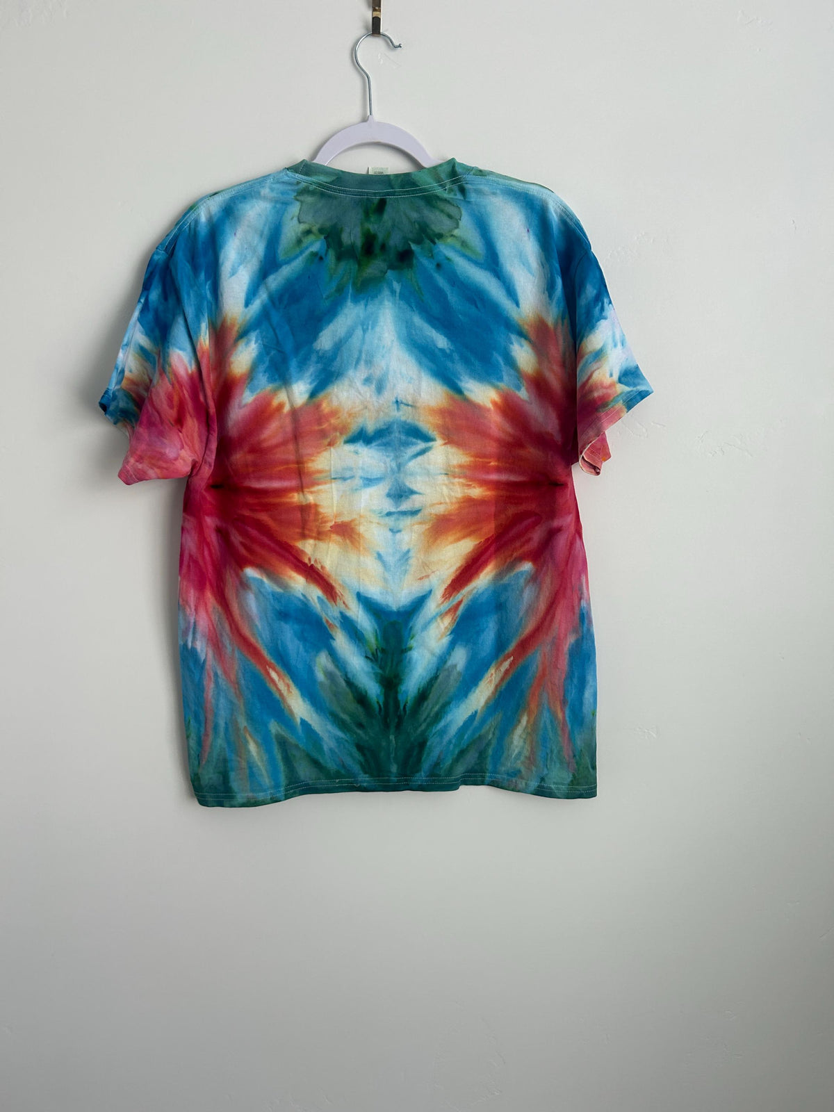 Hand Dyed Tie Dye Shirt – Rainbow Mirrored Ice Dye in Red, Blue, Green | One-of-a-Kind Mandala T-Shirt | Unisex Large