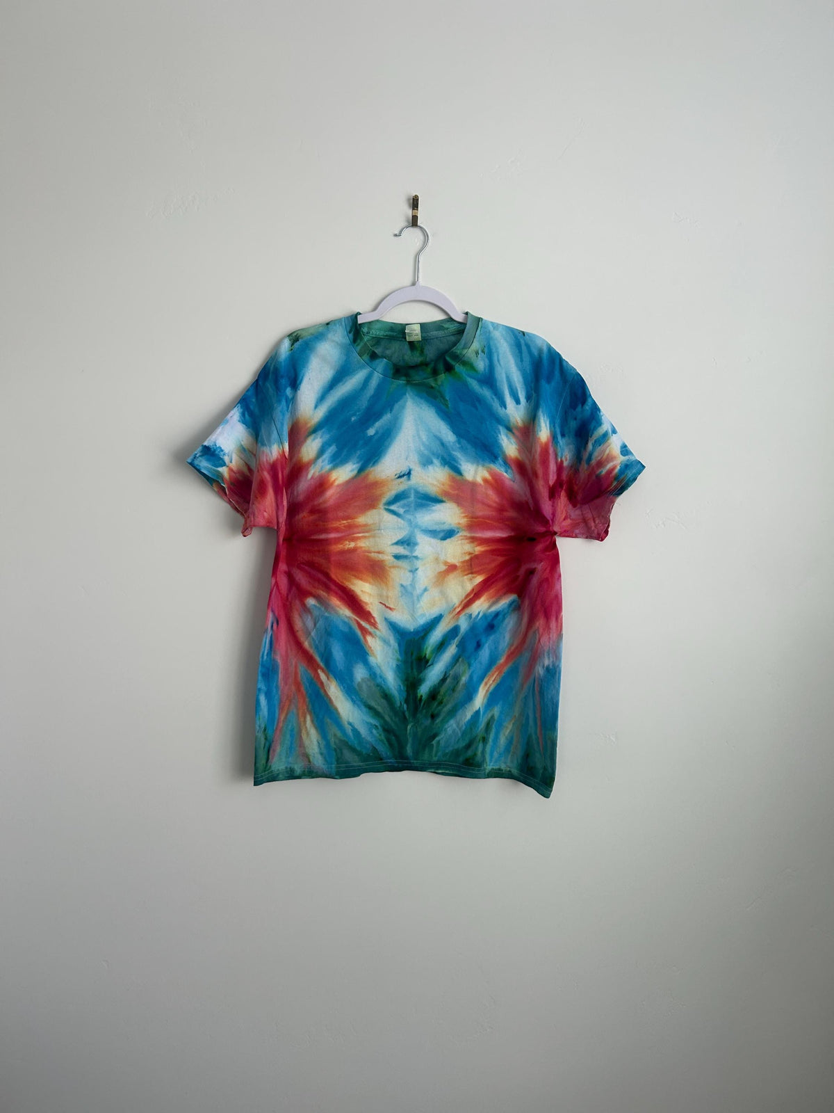 Hand Dyed Tie Dye Shirt – Rainbow Mirrored Ice Dye in Red, Blue, Green | One-of-a-Kind Mandala T-Shirt | Unisex Large