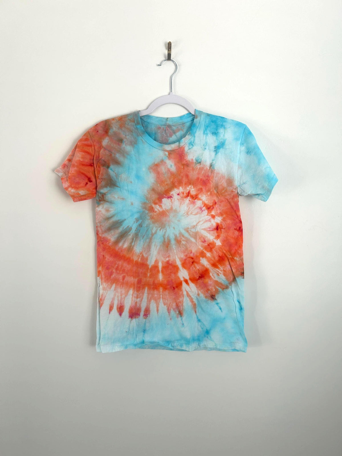 Youth XL Tie Dye Spiral Shirt – Orange & Sky Blue | Hand Dyed Cotton T-Shirt | Kids Festival Shirt | One-of-a-Kind Ice Dye Tee