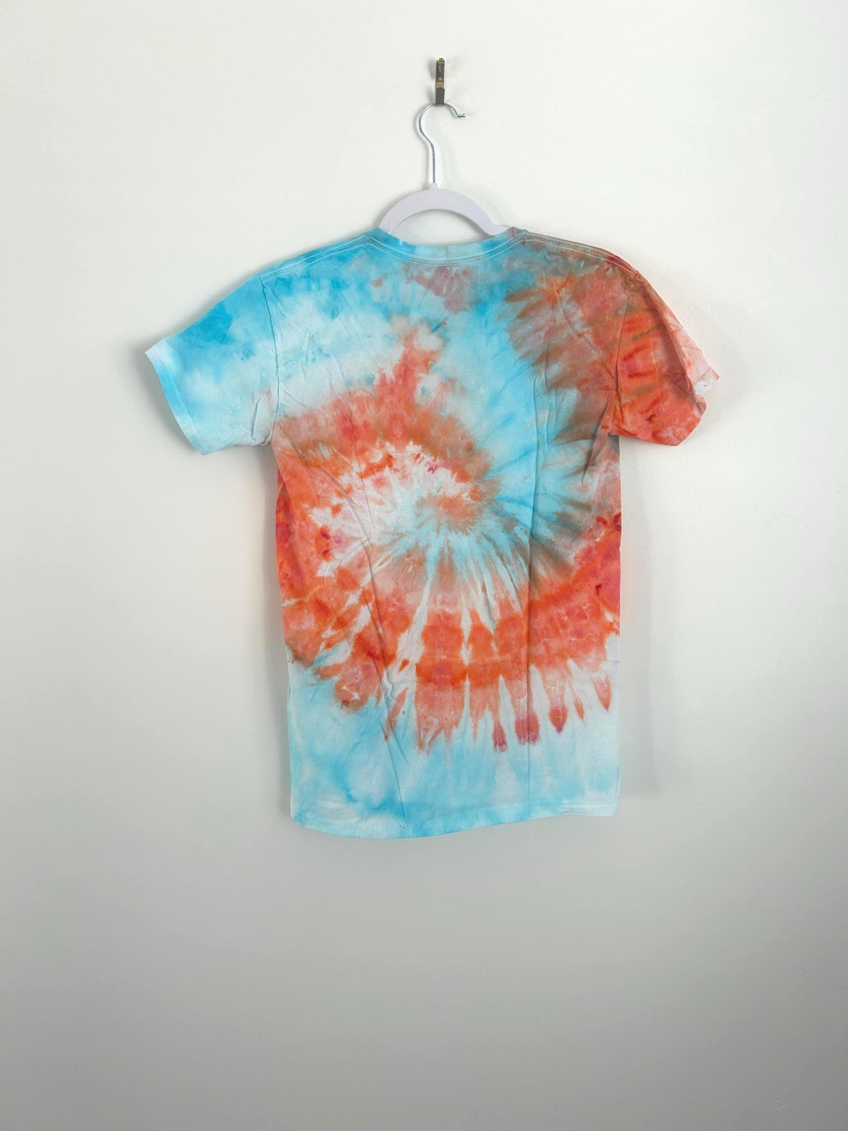 Youth XL Tie Dye Spiral Shirt – Orange & Sky Blue | Hand Dyed Cotton T-Shirt | Kids Festival Shirt | One-of-a-Kind Ice Dye Tee
