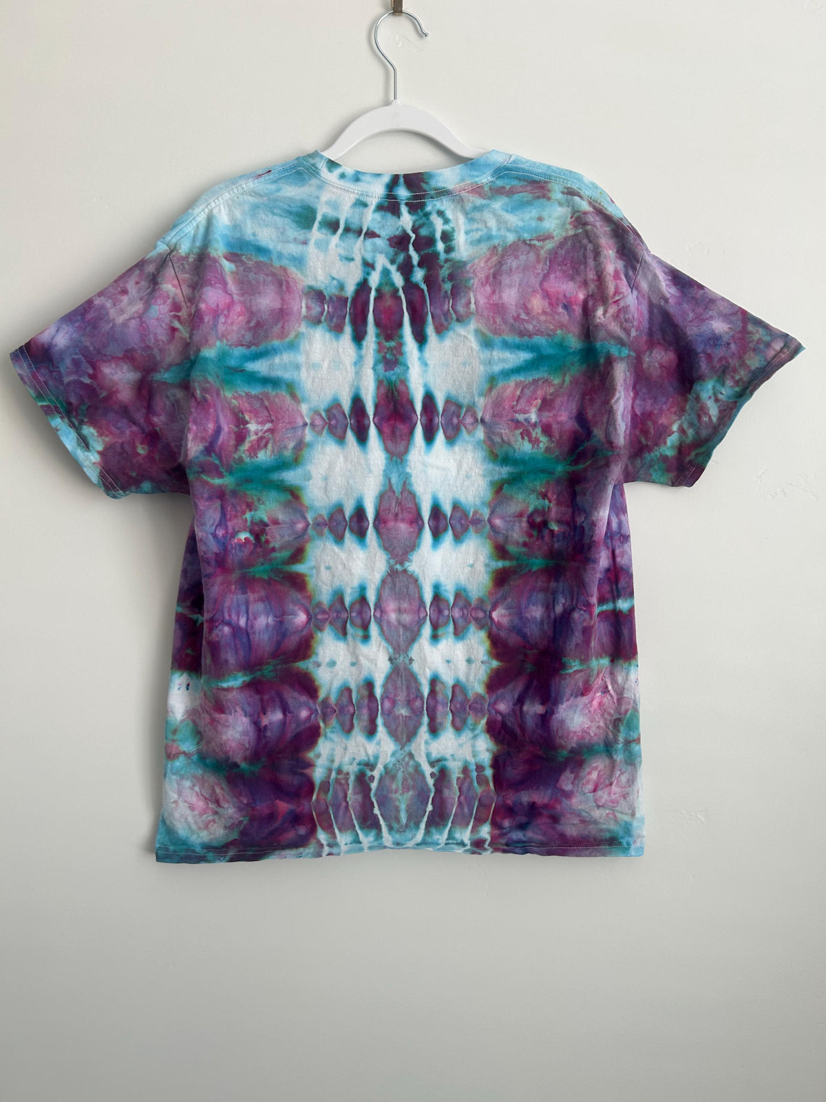 Large Hanes Tie Dye T-Shirt – Handmade Ice Dye | Purple, Teal & Blue Geometric Pattern
