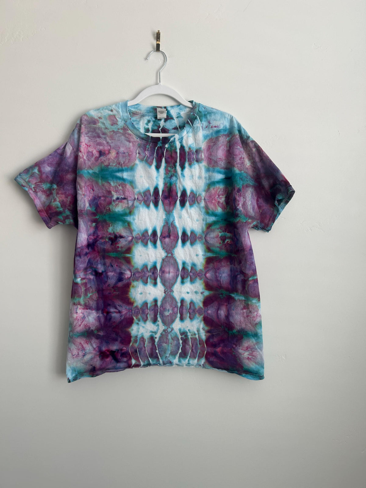 Large Hanes Tie Dye T-Shirt – Handmade Ice Dye | Purple, Teal & Blue Geometric Pattern