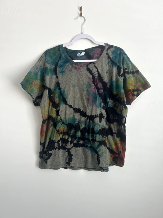 Oversized Women’s Tie Dye Shirt – Black & Jewel Tone Swirl – Size Large