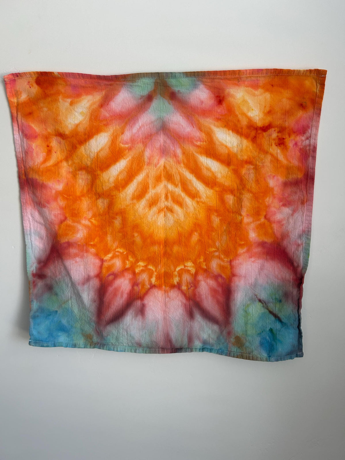 Hand Dyed Cotton Tea Towel – 27"x27" Ice Dye in Orange, Red & Blue | Handmade Kitchen Towel, Boho Home Décor