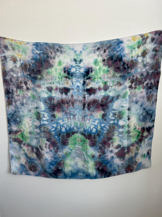 Hand Dyed Bamboo Swaddle Blanket – 47"x47" Ice Dye in Blue, Green & Purple | Soft Muslin Baby Wrap, One-of-a-Kind