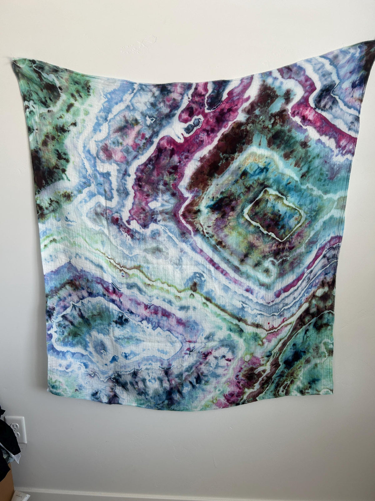 Hand Dyed Bamboo Swaddle Blanket – 47"x47" Geode Ice Dye in Teal, Purple & Black | Soft Muslin Baby Wrap, Unique Gift