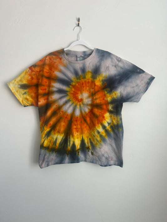 XL Halloween Spiral Tie Dye T-Shirt – Black, Orange & Yellow Ice Dyed Unisex Tee
