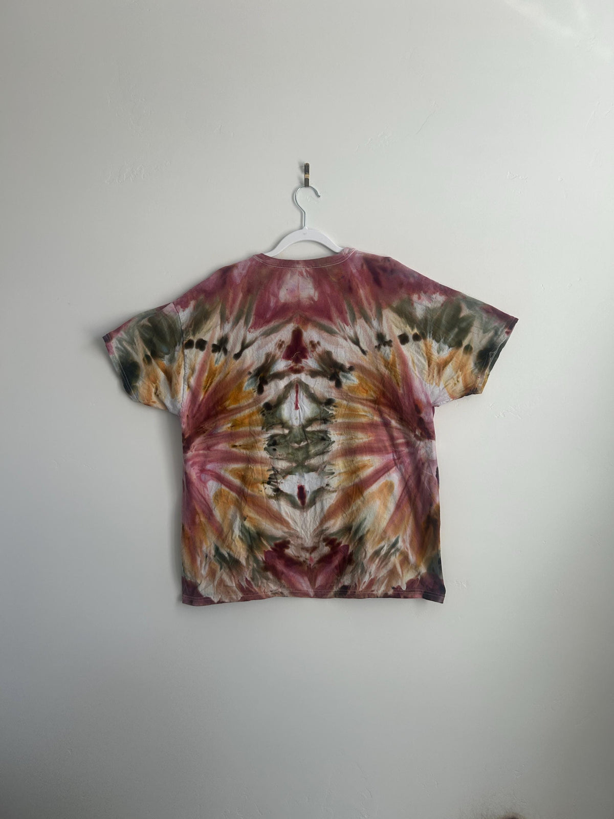 Moody Symmetrical Tie Dye Shirt – XL Unisex Hanes Cotton Tee in Burgundy, Olive & Amber, Handmade Boho Unisex Ice Dye T-Shirt