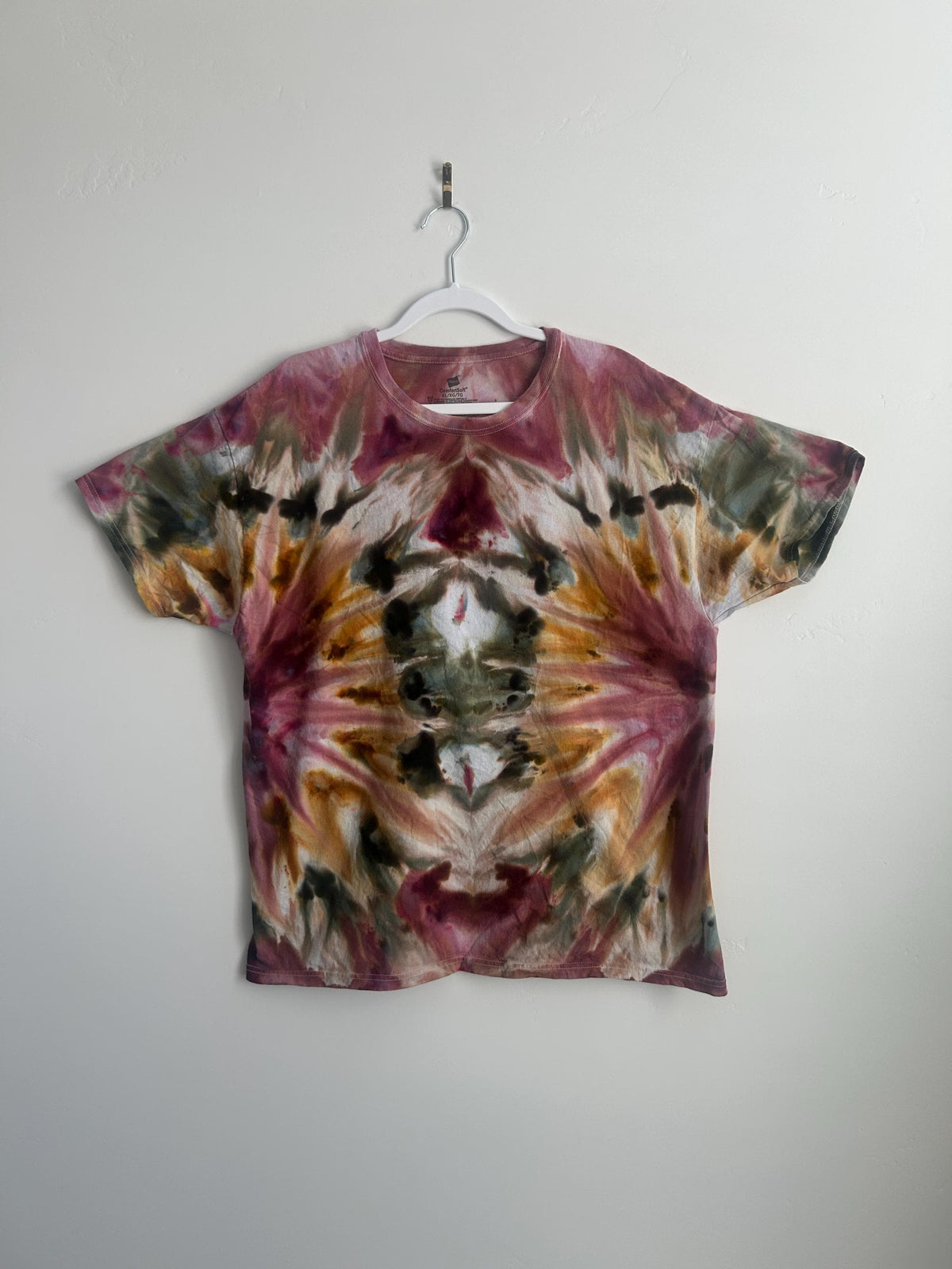 Moody Symmetrical Tie Dye Shirt – XL Unisex Hanes Cotton Tee in Burgundy, Olive & Amber, Handmade Boho Unisex Ice Dye T-Shirt