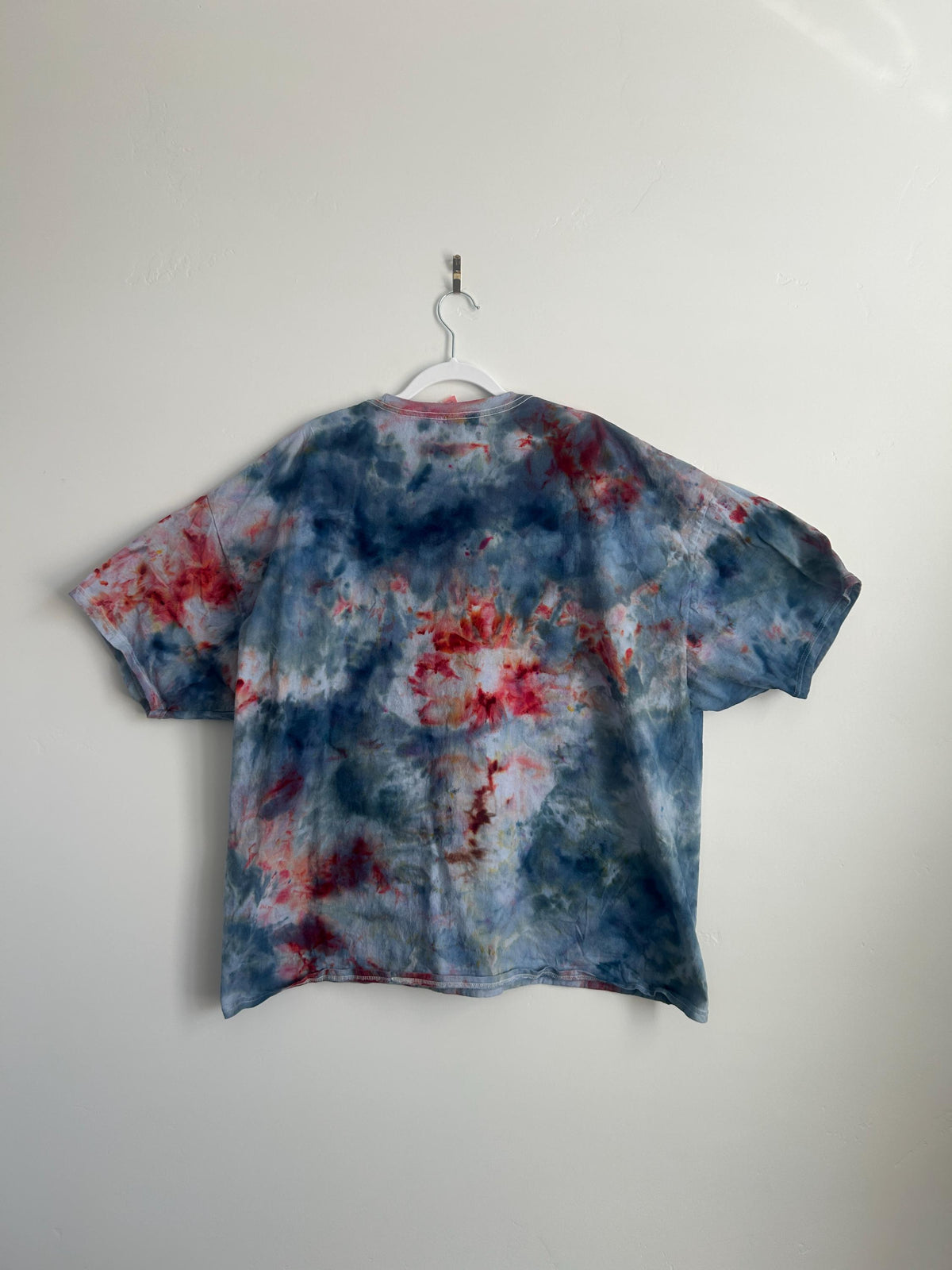 Blue and Red Tie Dye Shirt – 3X Unisex Cotton Tee, Ice Dyed Handmade T-Shirt with Soft Watercolor Blend, Plus Size Boho Top
