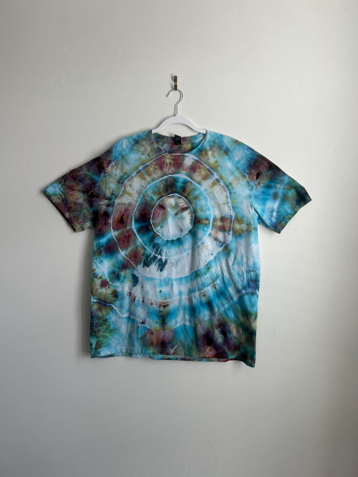 Bullseye Tie Dye Shirt – Anvil XL Unisex Ice Dyed Cotton Tee in Blue, Teal & Plum, Handmade Boho Spiral T-Shirt