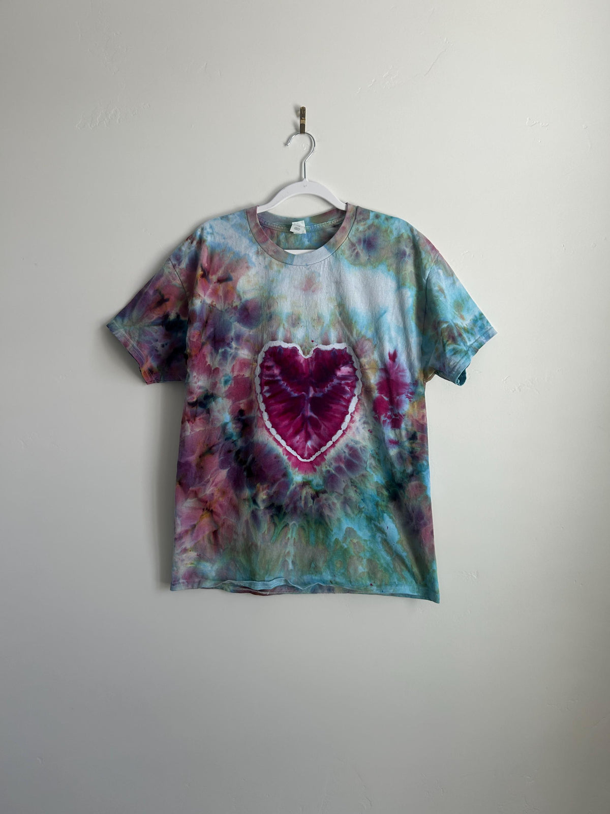 Heart Tie Dye Shirt – Large Unisex Ice Dyed Cotton Tee in Pink, Blue & Purple, Handmade Boho T-Shirt with Heart Design