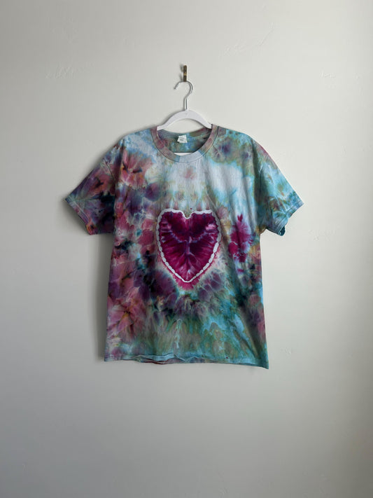 Heart Tie Dye Shirt – Large Unisex Ice Dyed Cotton Tee in Pink, Blue & Purple, Handmade Boho T-Shirt with Heart Design