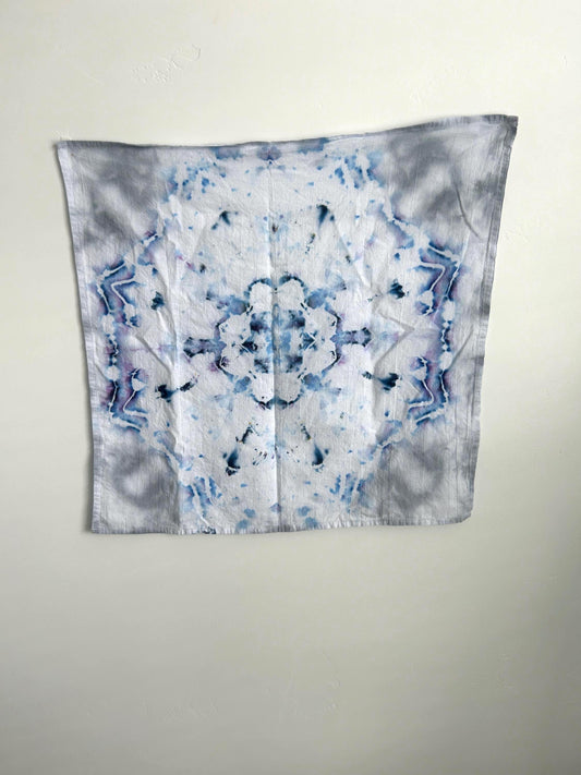 Hand-Dyed Tie Dye Towel – Frost Bloom Mandala | 28"x28" Cotton Towel, Minimal Winter-Inspired Decor