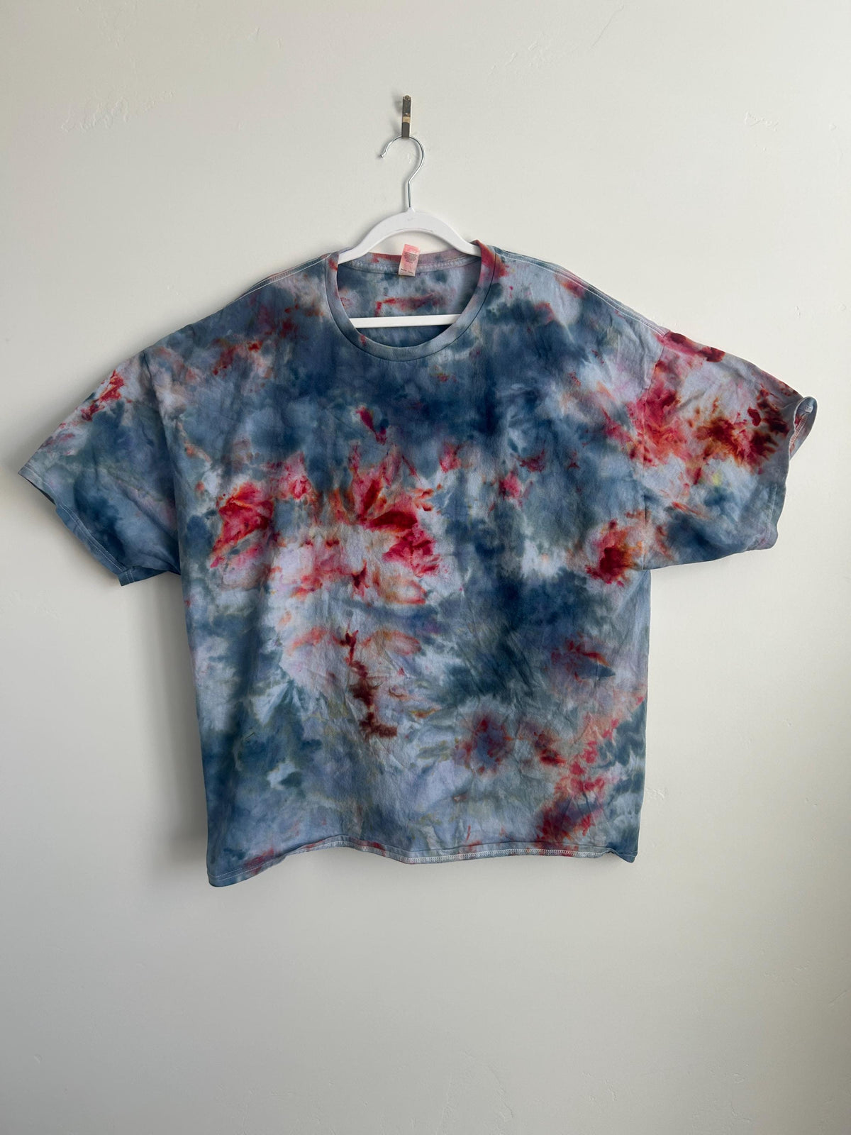 Blue and Red Tie Dye Shirt – 3X Unisex Cotton Tee, Ice Dyed Handmade T-Shirt with Soft Watercolor Blend, Plus Size Boho Top