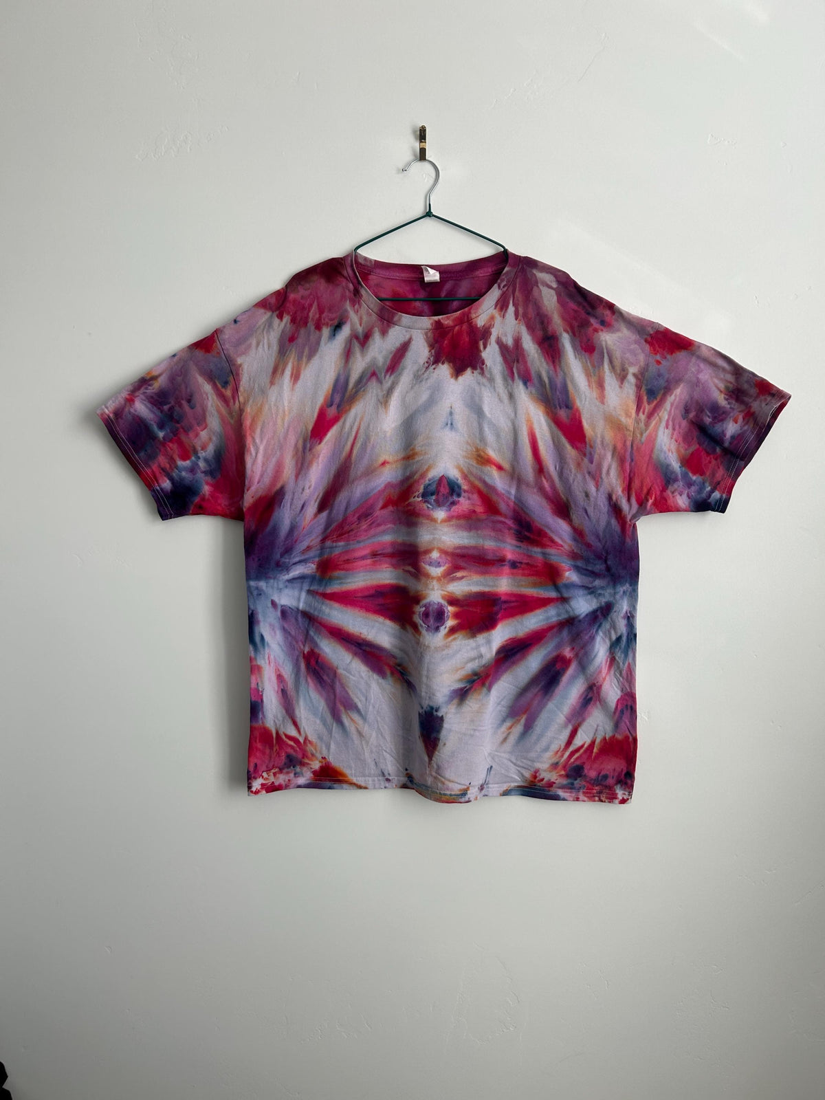 Mirror Fold Tie Dye Shirt – Red, Purple & Blue Hanes Cotton Tee, Hand Dyed Size 2X