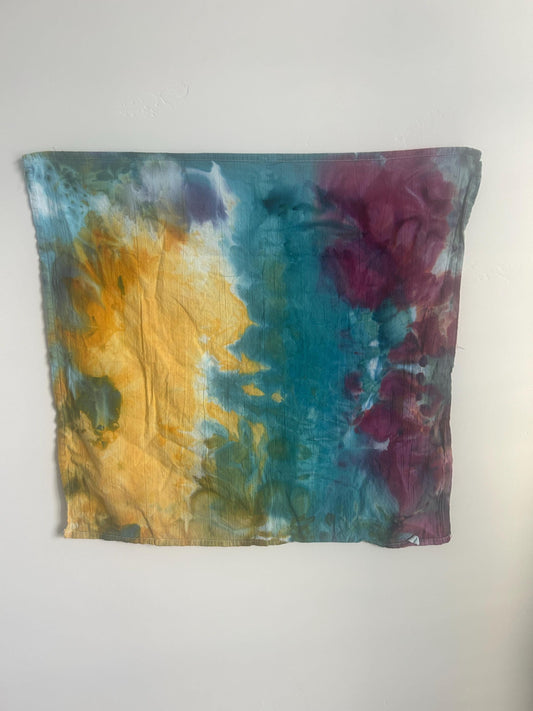 Mustard, Teal & Plum Ice Dye Tea Towel – Artisan Hand-Dyed Kitchen Towel