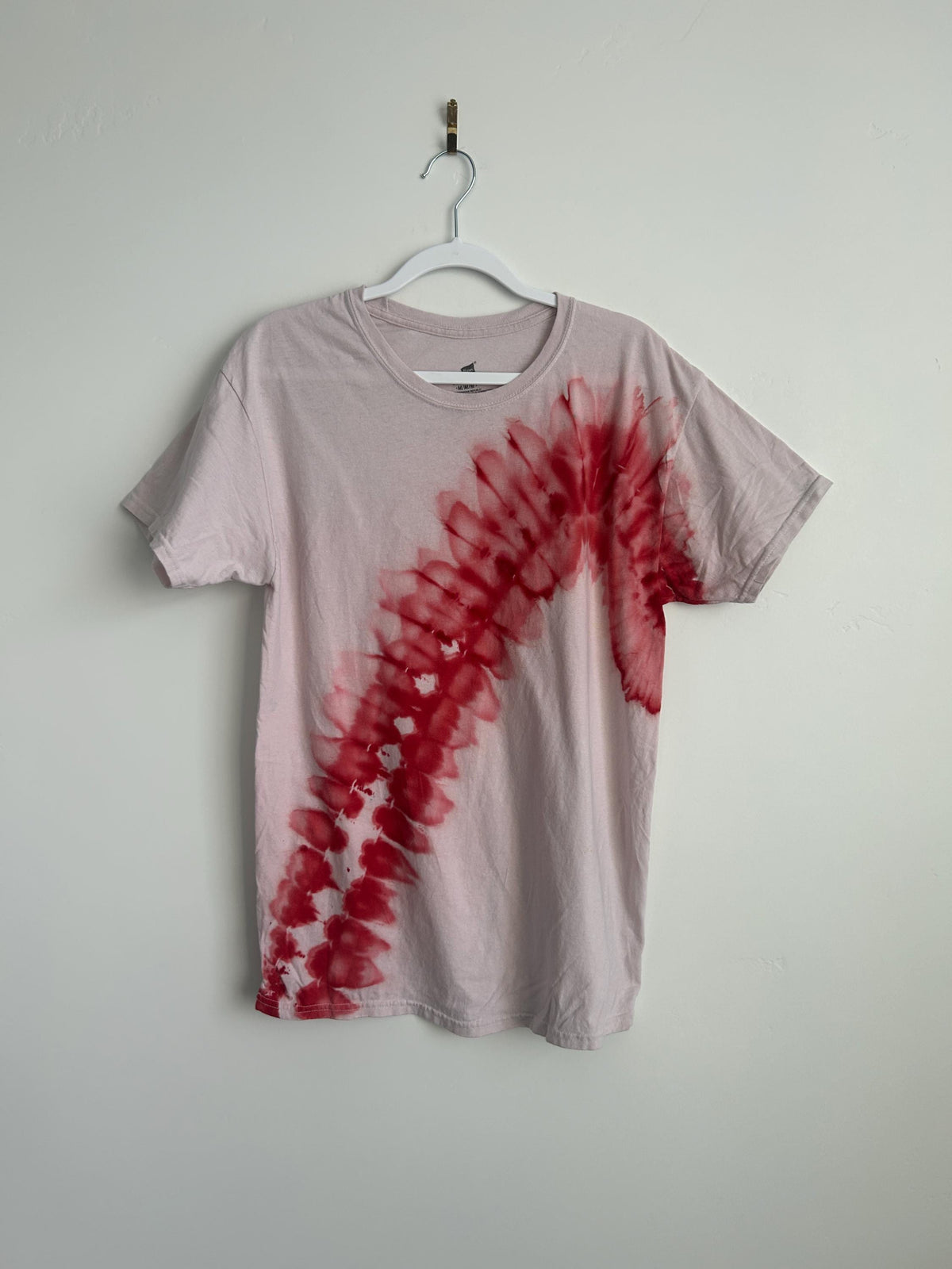Reduced Price – Medium Red Diagonal Tie Dye Shirt – One-of-a-Kind Design (Minor Dye Splatter)