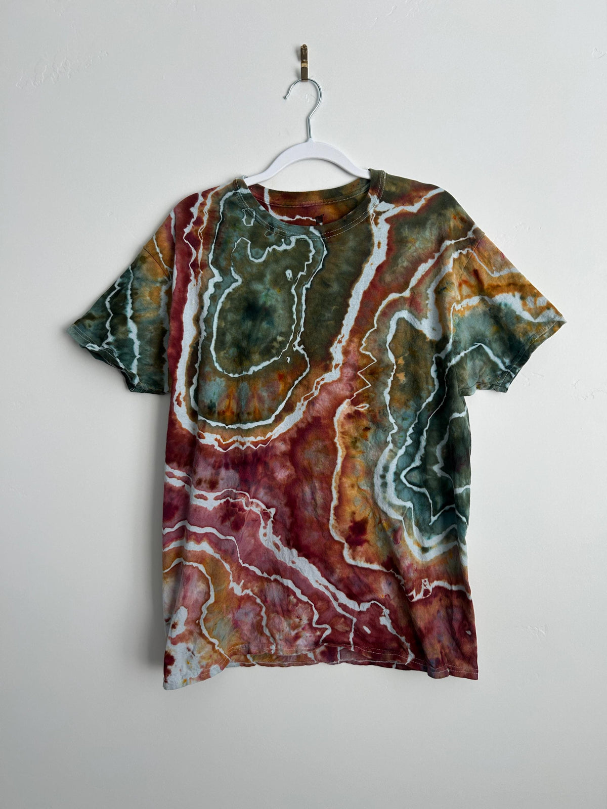 Geode Tie Dye Shirt – Rust, Sage & Red Ice Dyed Hanes Cotton Tee, Size Large
