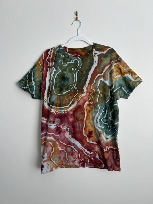 Geode Tie Dye Shirt – Rust, Sage & Red Ice Dyed Hanes Cotton Tee, Size Large